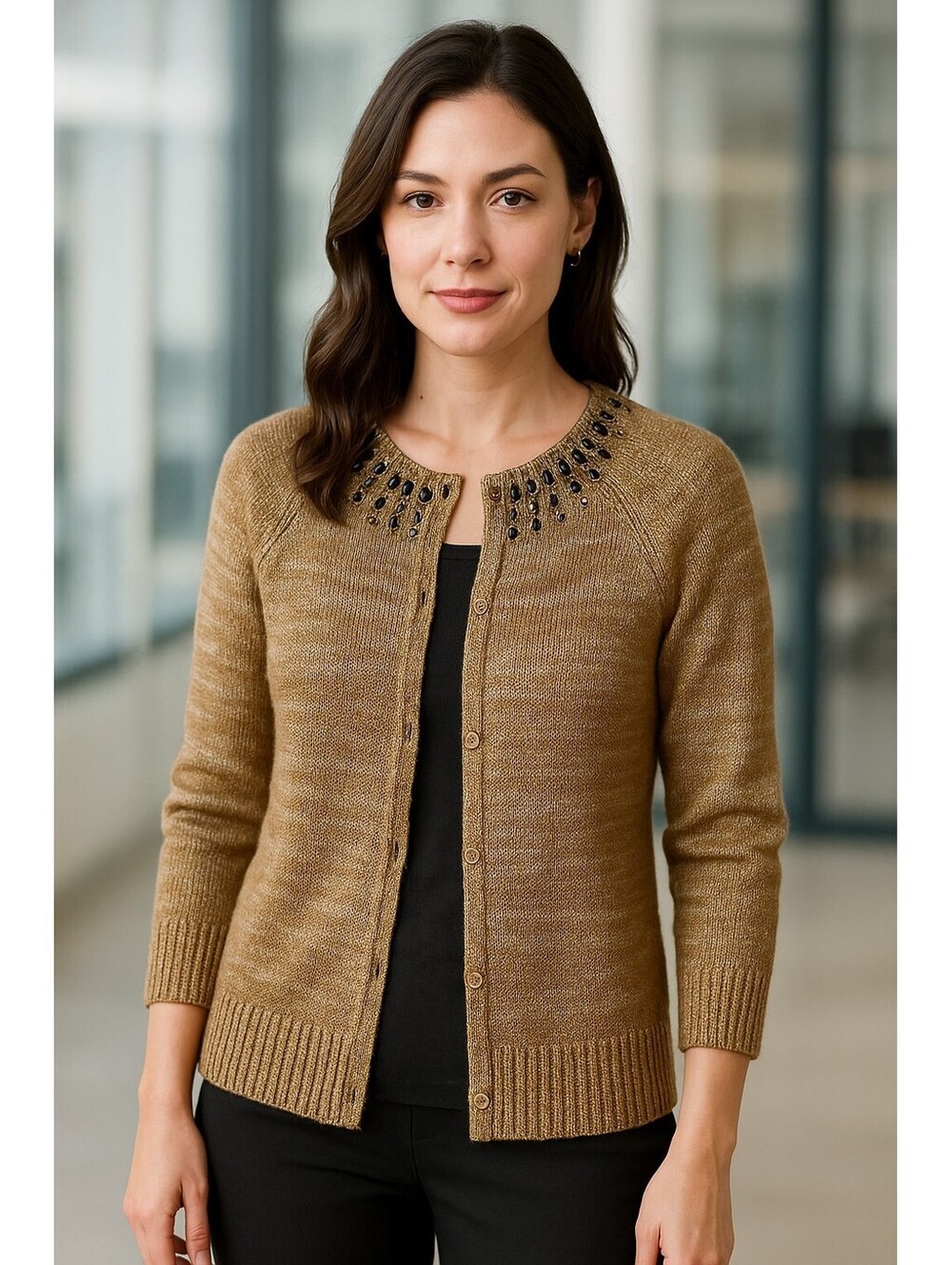 Coldwater Creek Womens Beaded Knit Cardigan Sweater Jacket Tan Brown Medium